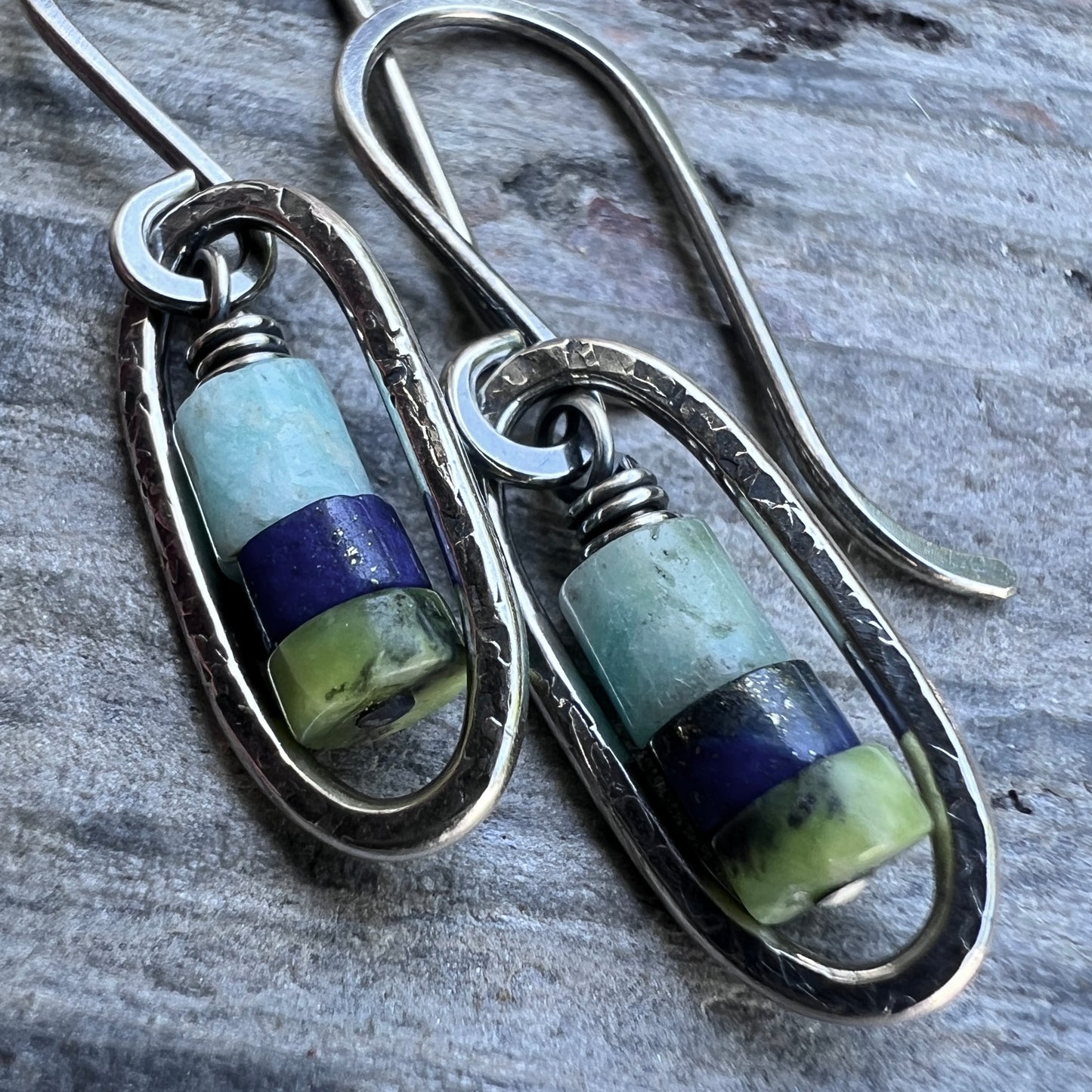 Sterling Silver Genuine Stone Earrings | Amazonite, Lapis Lazuli, and Chrysoprase in Hammered Oval Dangles