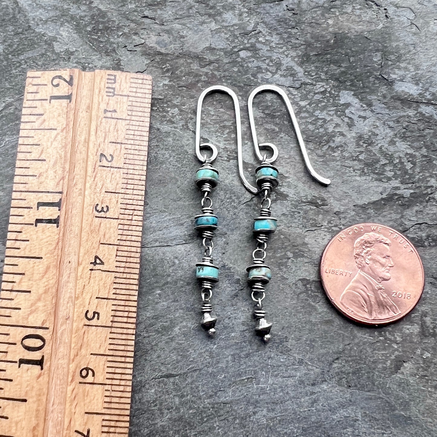 Genuine Turquoise Sterling Silver Earrings | Natural Stone Wire-wrapped Beads Dangle Earrings