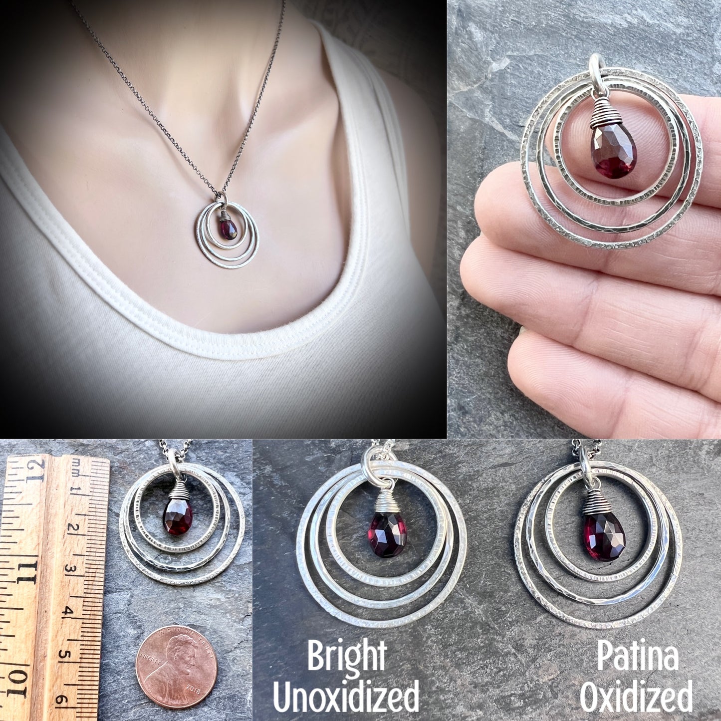 Genuine Garnet Sterling Silver Necklace | Deep Red Teardrop in Hammered Rings Pendant
