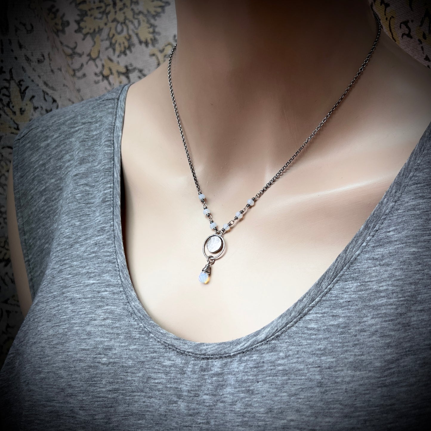 Sterling Silver Opalite Necklace | Wire-wrapped Opalite with Hammered Silver Pebble Pendant