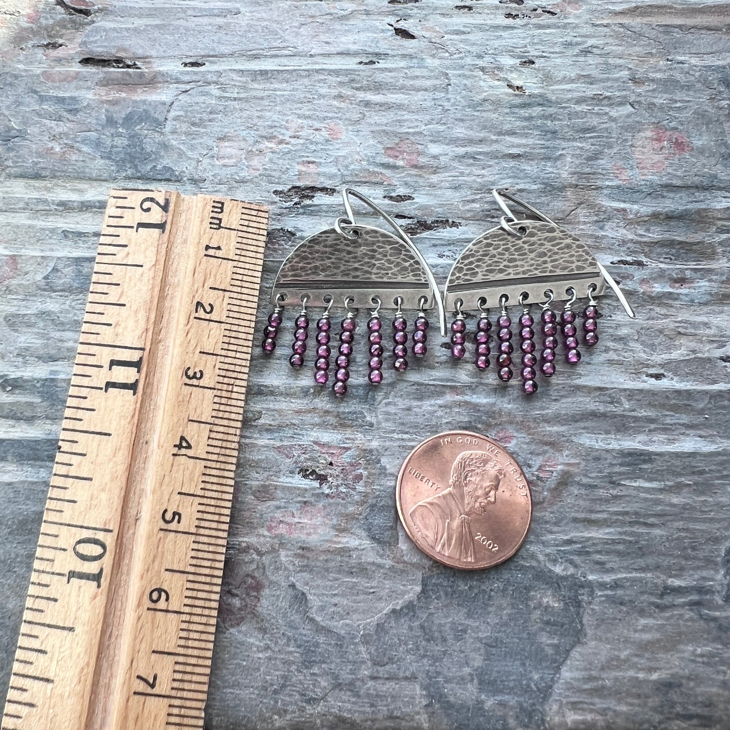 Garnet Sterling Silver Earrings | Hammered Silver and Genuine Garnet Fringe Dangles