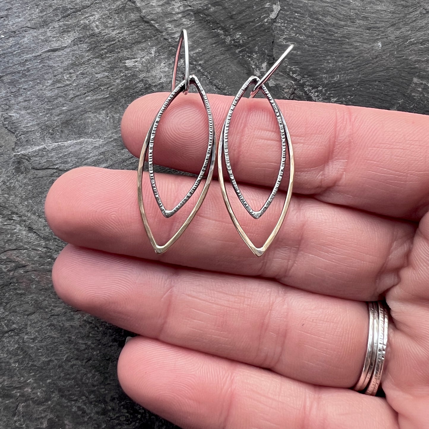 Sterling Silver and Brass Earrings | Mixed Metal Long Marquise Dangles