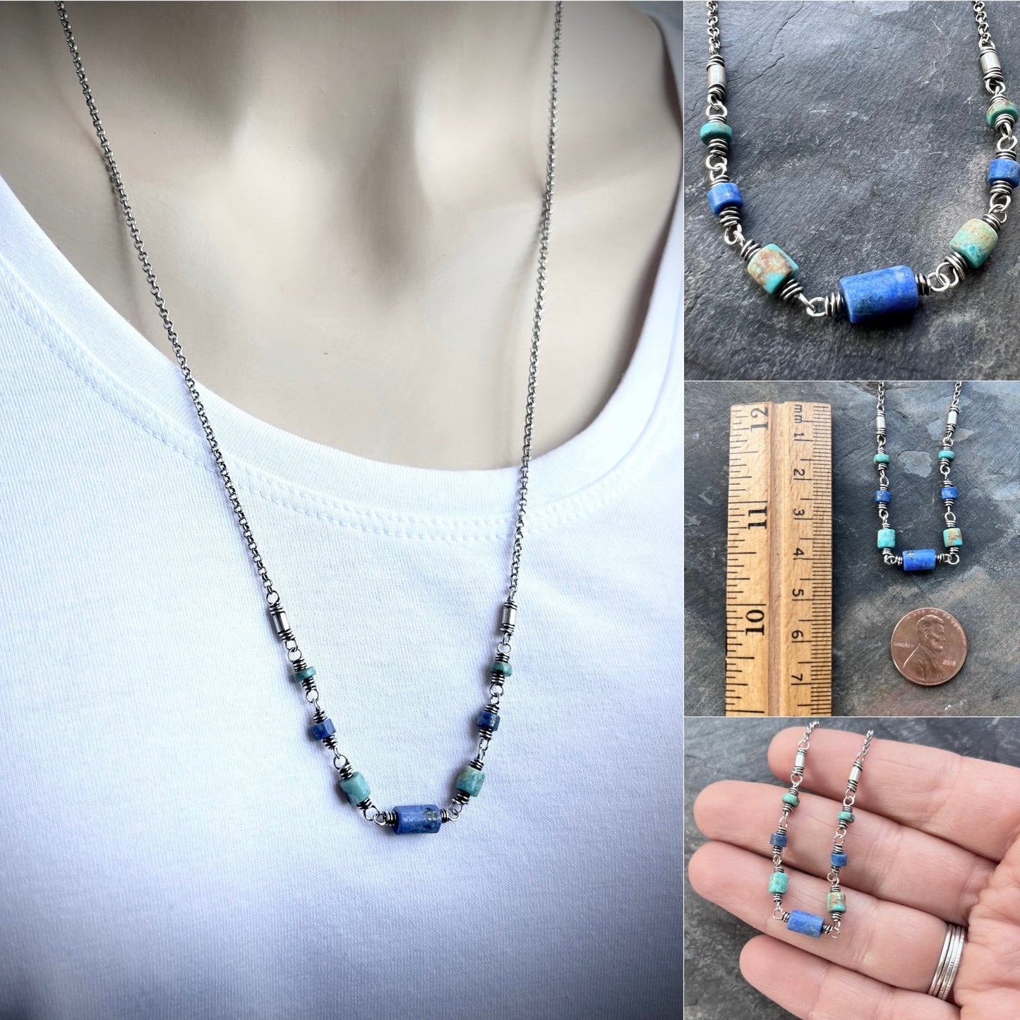 Genuine Turquoise and Lapis Lazuli Sterling Silver Necklace | Natural Stone Wire-wrapped Beaded Necklace