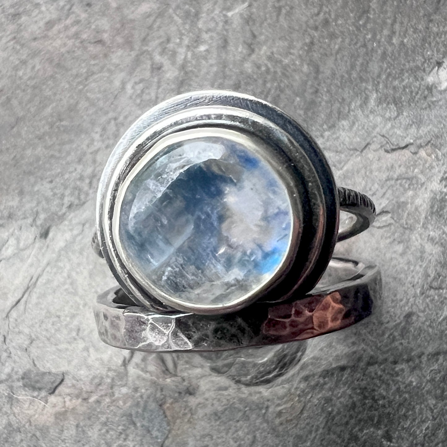 Sterling Silver Rainbow Moonstone Ring | Round Natural Stone Cabochon Ring - Size 9