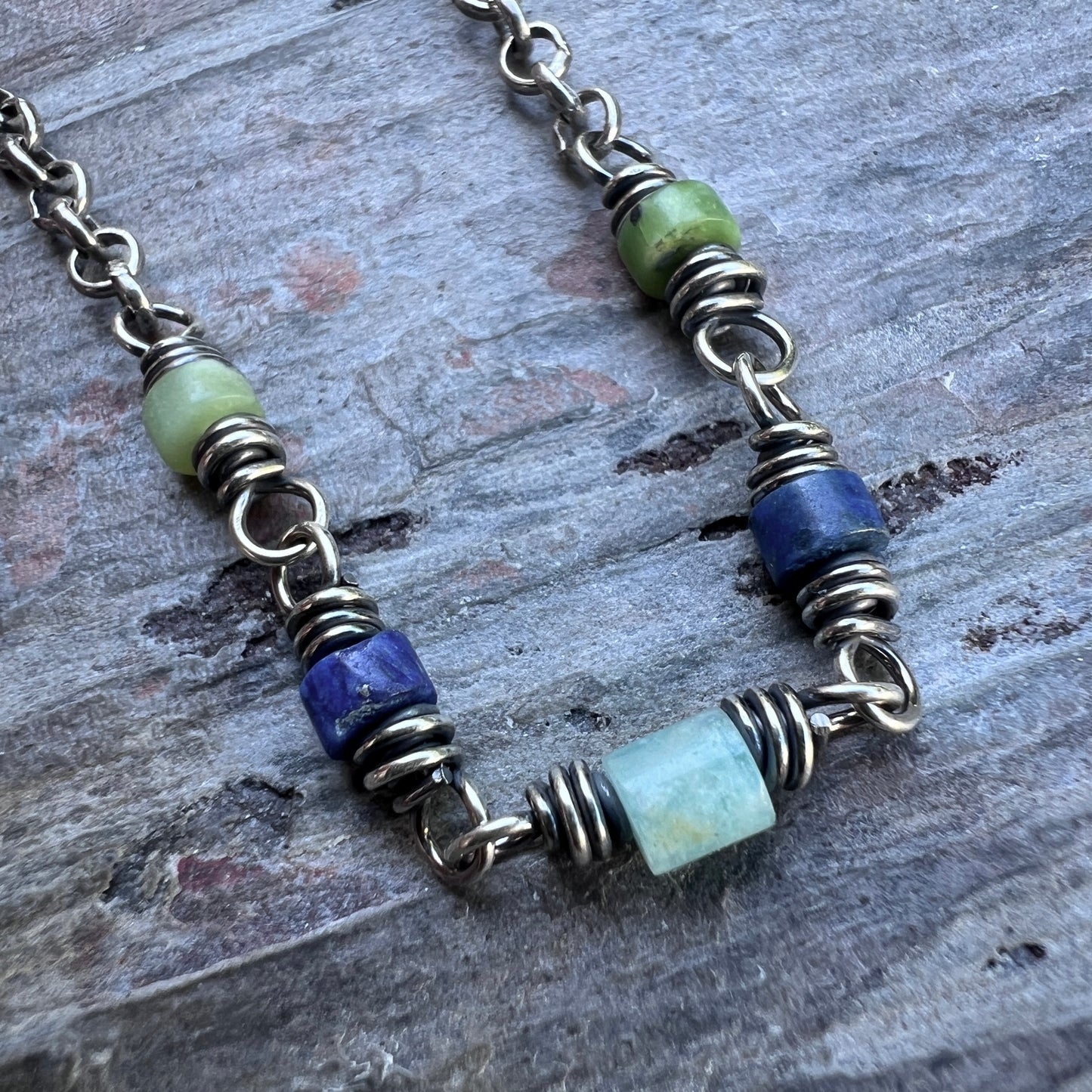 Sterling Silver Genuine Stone Bracelet | Amazonite, Lapis Lazuli, and Chrysoprase with Hammered Oval Links