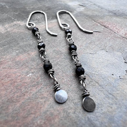 Sterling Silver Black Spinel Earrings | Beaded Stone Long Dangles