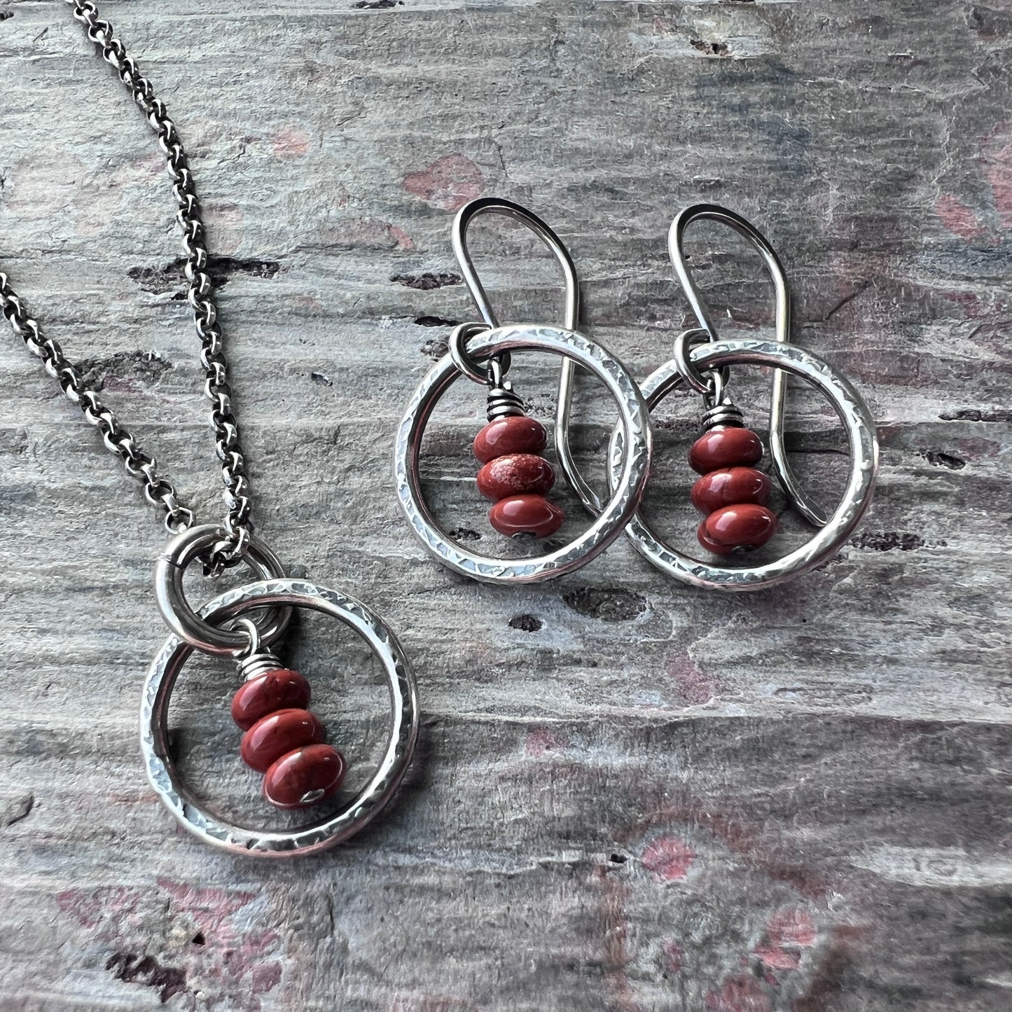 Sterling Silver Red Jasper Necklace | Natural Stones in Hammered Ring Pendant