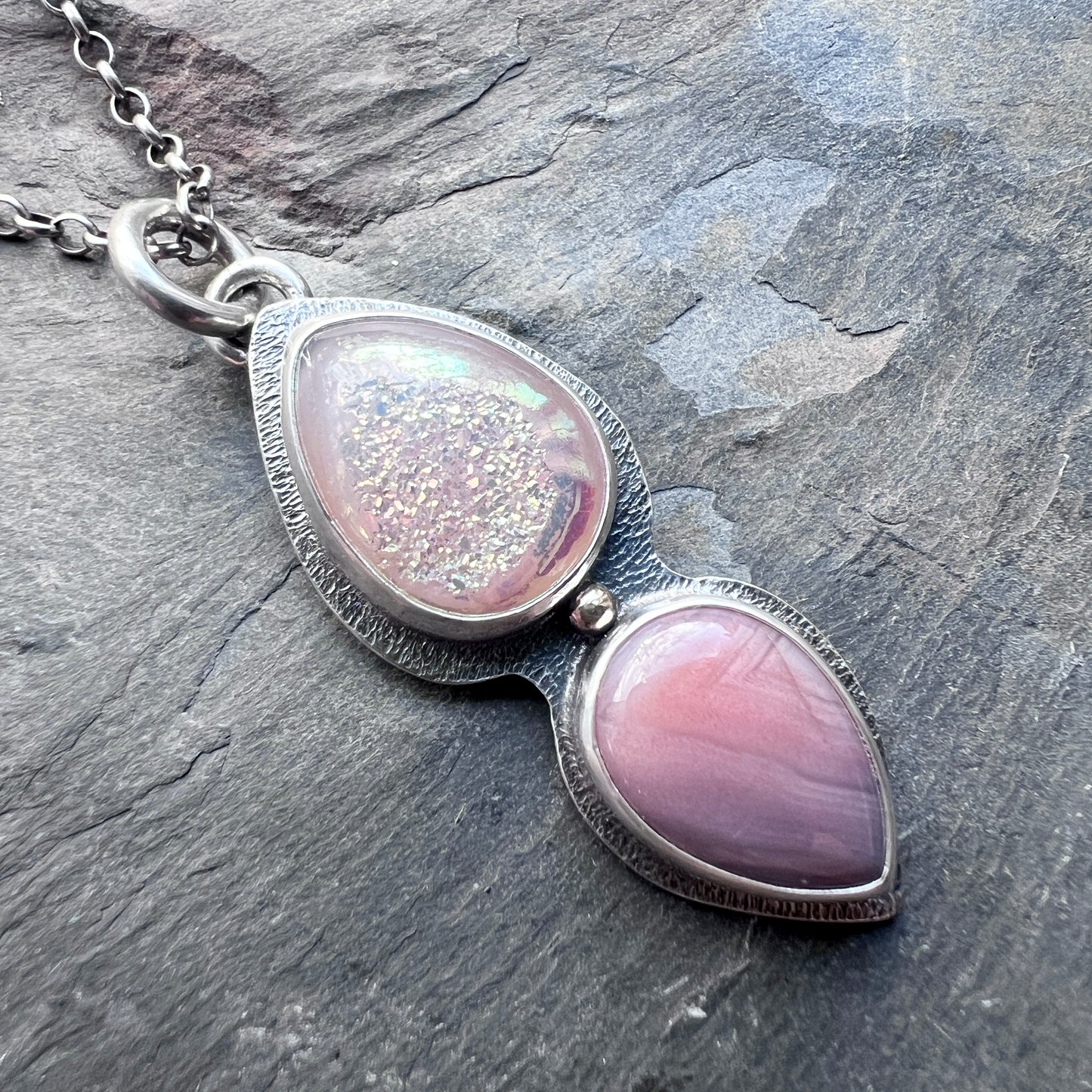 Sterling Silver Druzy and Agate Necklace | Natural Stone Teardrops Pendant