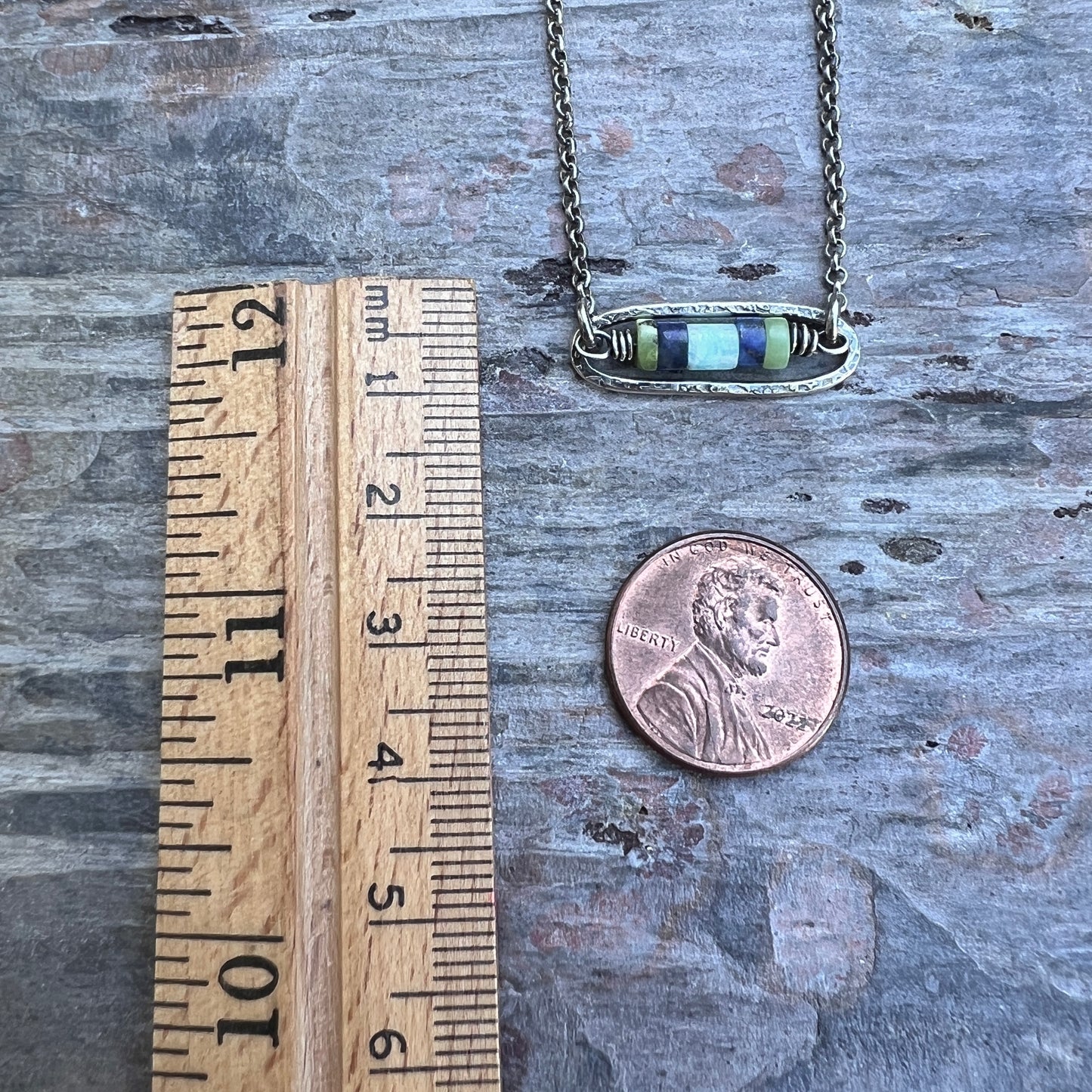 Sterling Silver Genuine Stone Necklace | Amazonite, Lapis Lazuli, and Chrysoprase in Hammered Oval Pendant