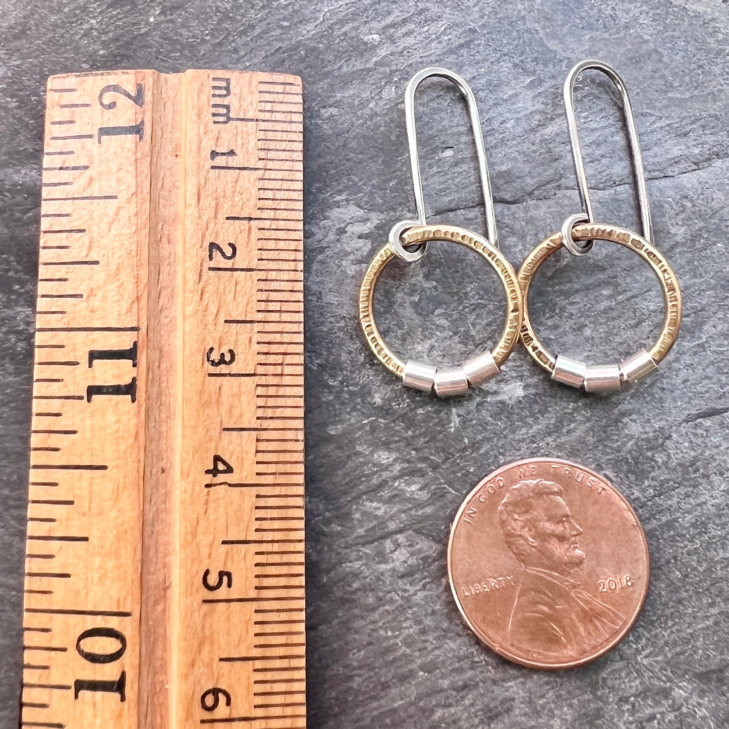 Sterling Silver and Brass Dangle Earrings | Mixed Metal Golden Brass Circles with Silver Beads