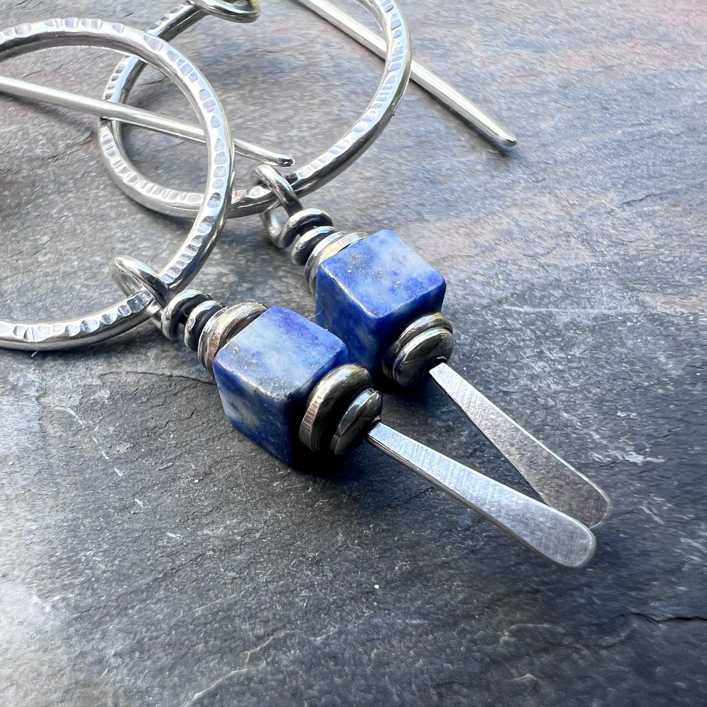 Sterling Silver Lapis Lazuli Earrings | Blue Natural Stone Dangle Hoops