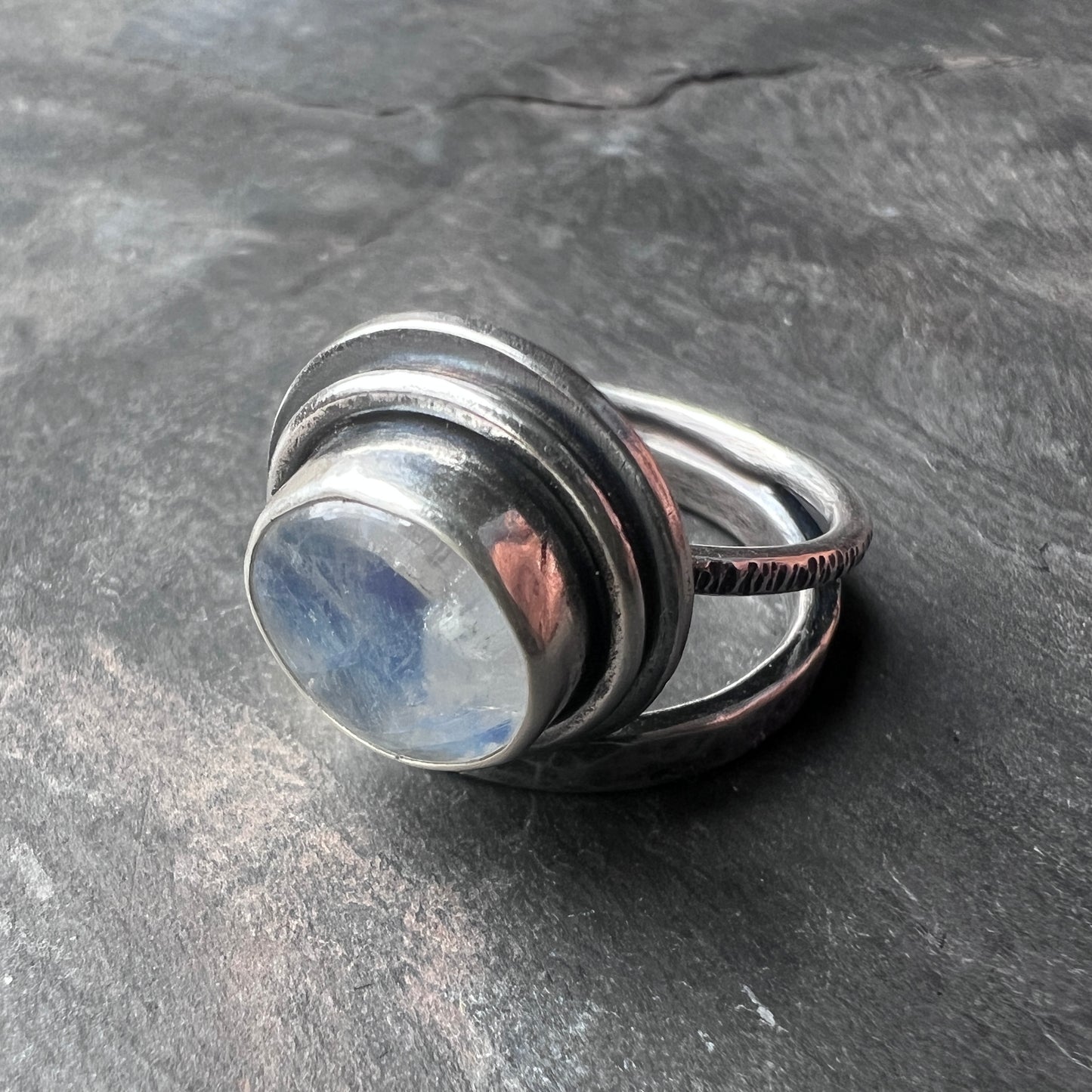 Sterling Silver Rainbow Moonstone Ring | Round Natural Stone Cabochon Ring - Size 9