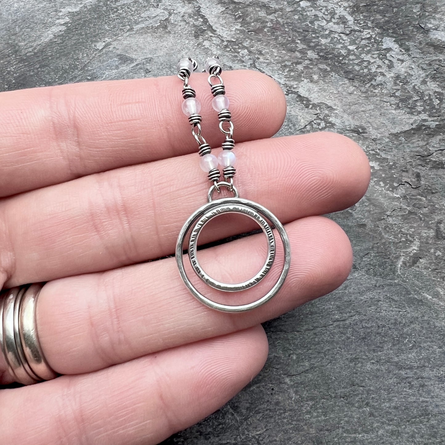 Rainbow Moonstone Sterling Silver Necklace | Wire-wrapped White Stones with Hammered Silver Rings Pendant