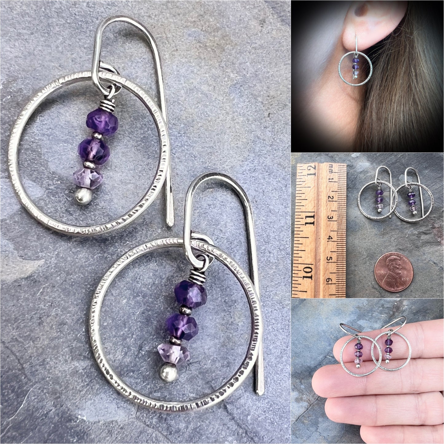 Amethyst Sterling Silver Earrings | Purple Natural Stone Dangle Hoops