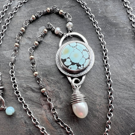 Sterling Silver Turquoise and Pearl Necklace | Natural Turquoise Cabochon with Wire-wrapped Pearl Pendant