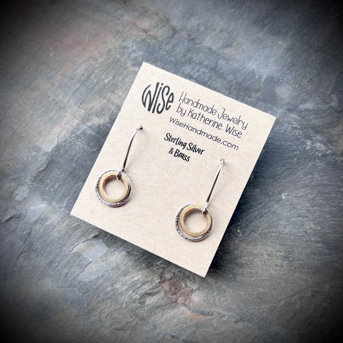 Sterling Silver and Brass Earrings | Mixed Metal Tiny Ring Dangles