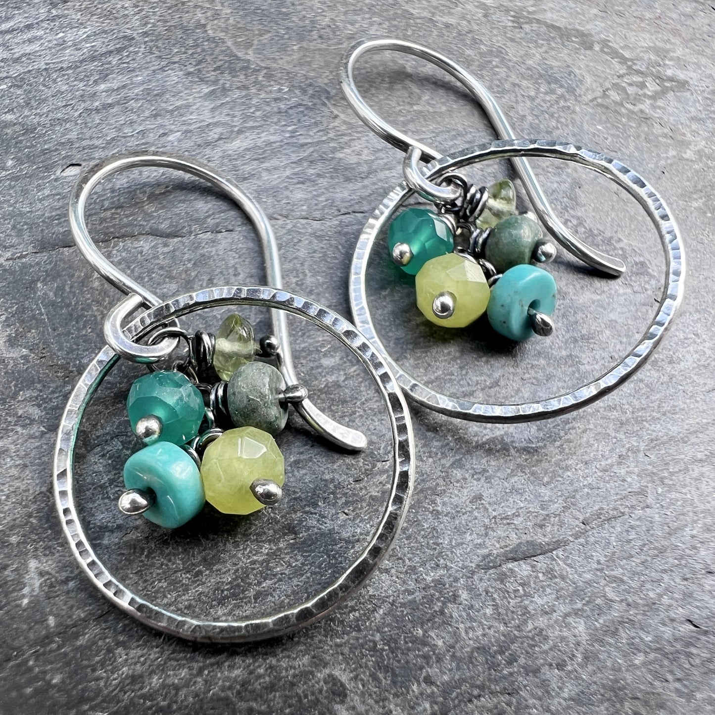 Sterling Silver Green Gemstone Earrings | Hammered Rings and Natural Stone Dangles