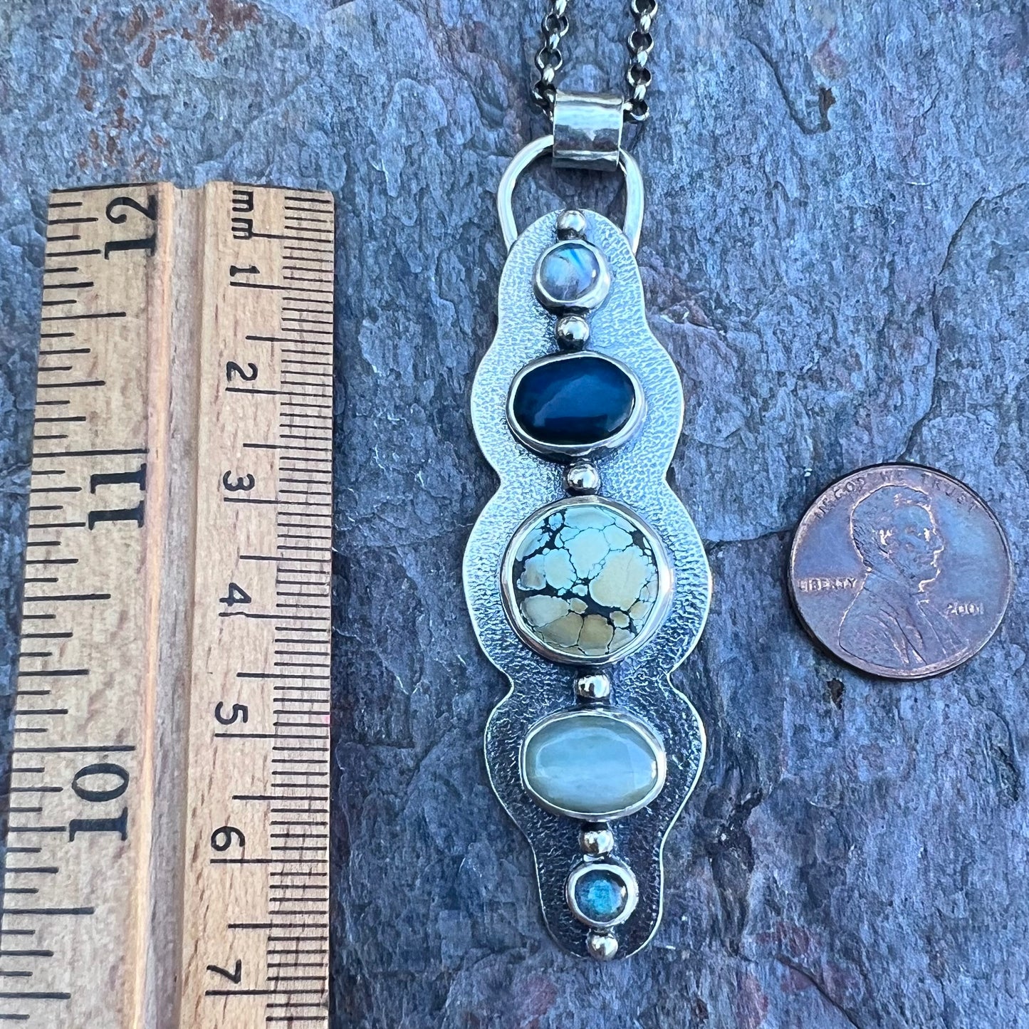 Rainbow Moonstone, Peruvian Opal, Turquoise, and Labradorite Sterling Silver Handmade One-of-a-kind Pendant Necklace
