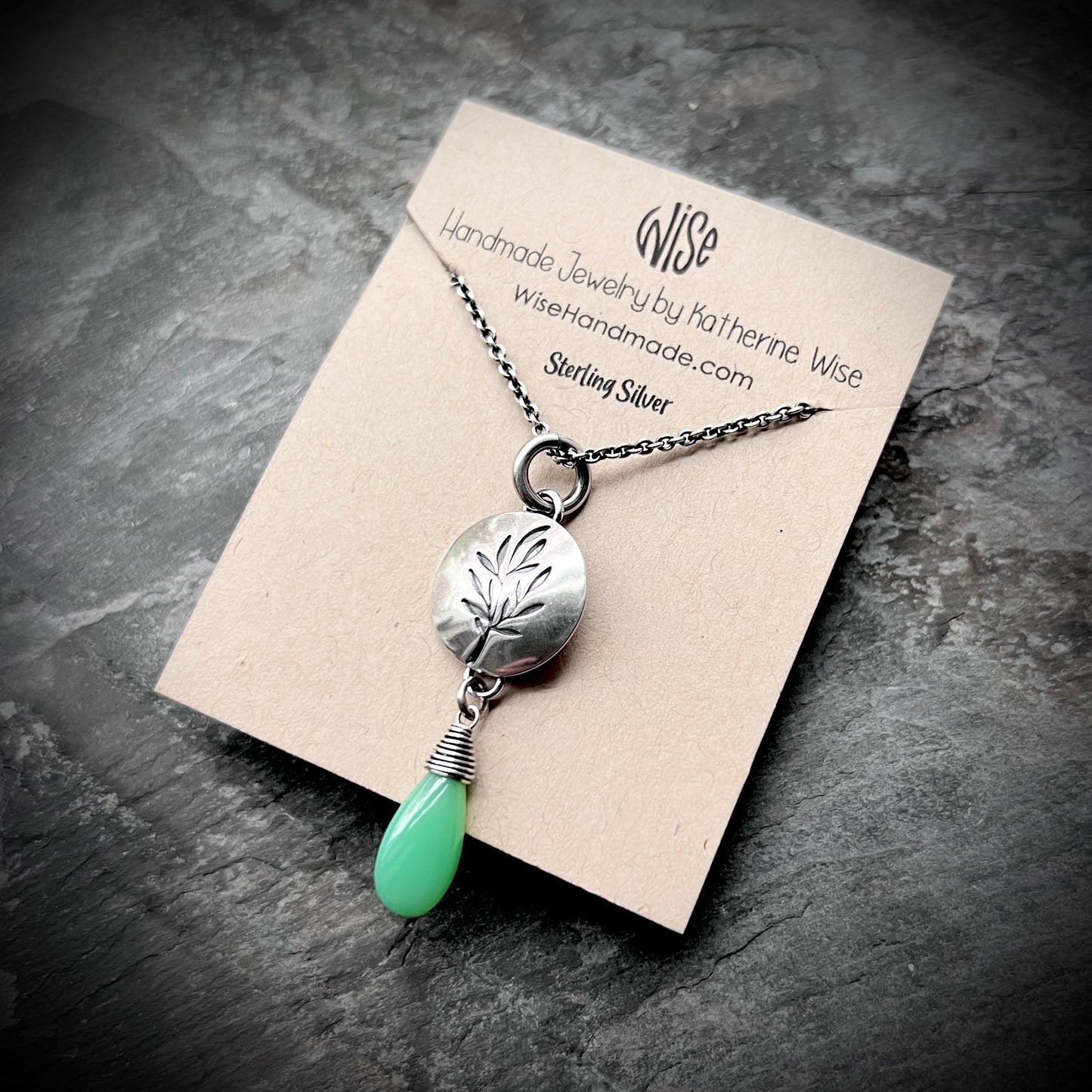 Sterling Silver Chrysoprase Necklace | Stamped Branch Circle with Green Teardrop Pendant