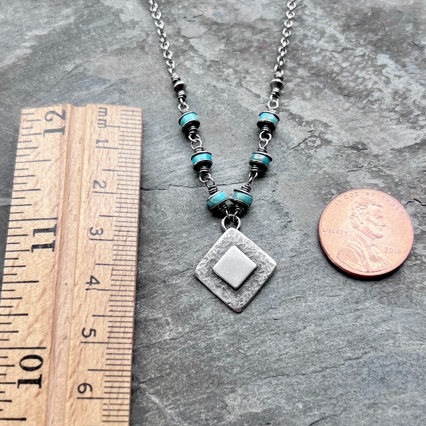 Genuine Turquoise Sterling Silver Necklace | Natural Stone Wire-wrapped Beads with Silver Diamond Pendant