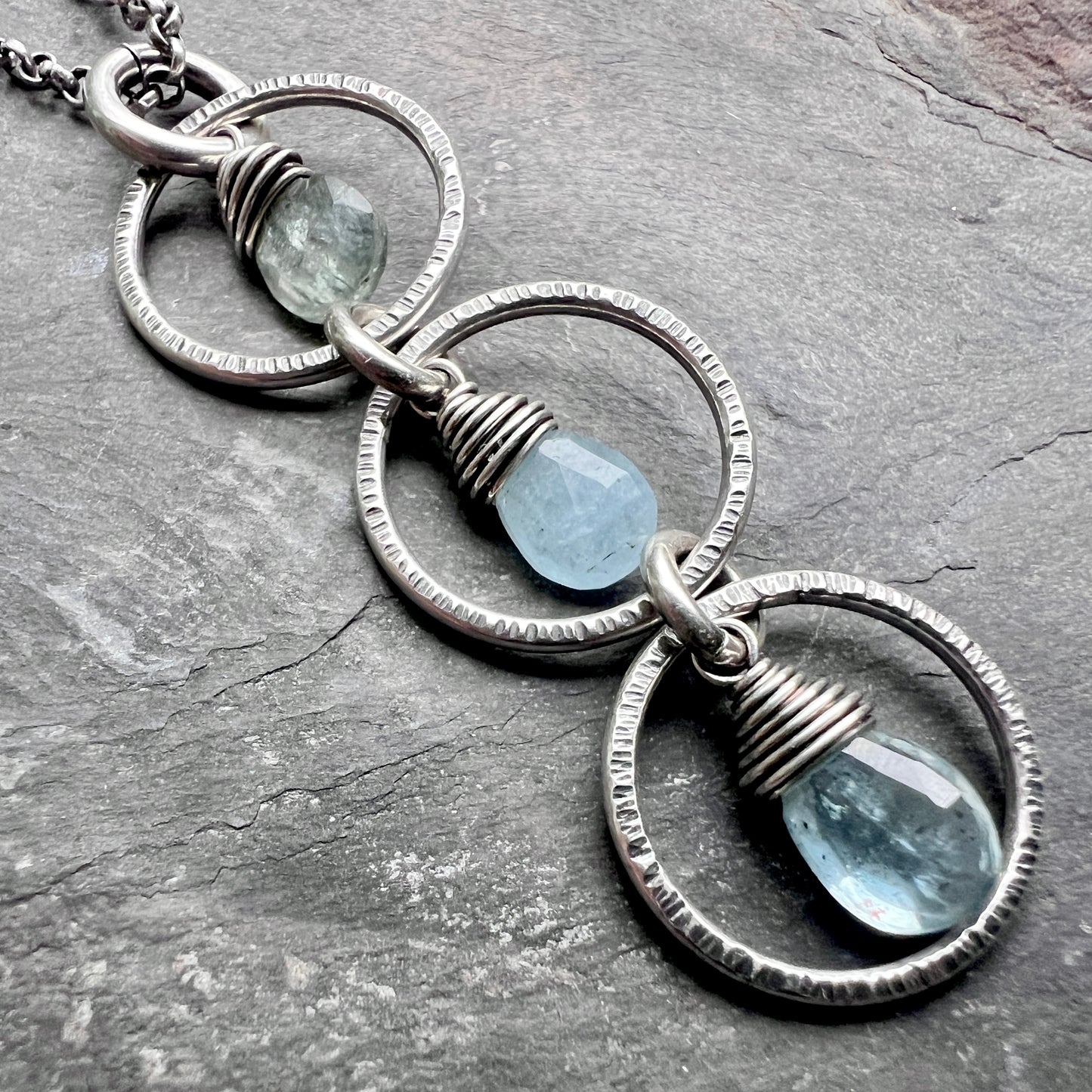 Genuine Aquamarine Sterling Silver Necklace | Aquamarine Stones in Hammered Rings Pendant