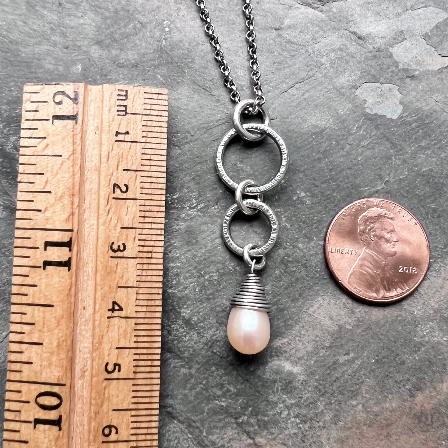 Sterling Silver Pearl Teardrop Necklace | Peach Pearl and Silver Rings Pendant