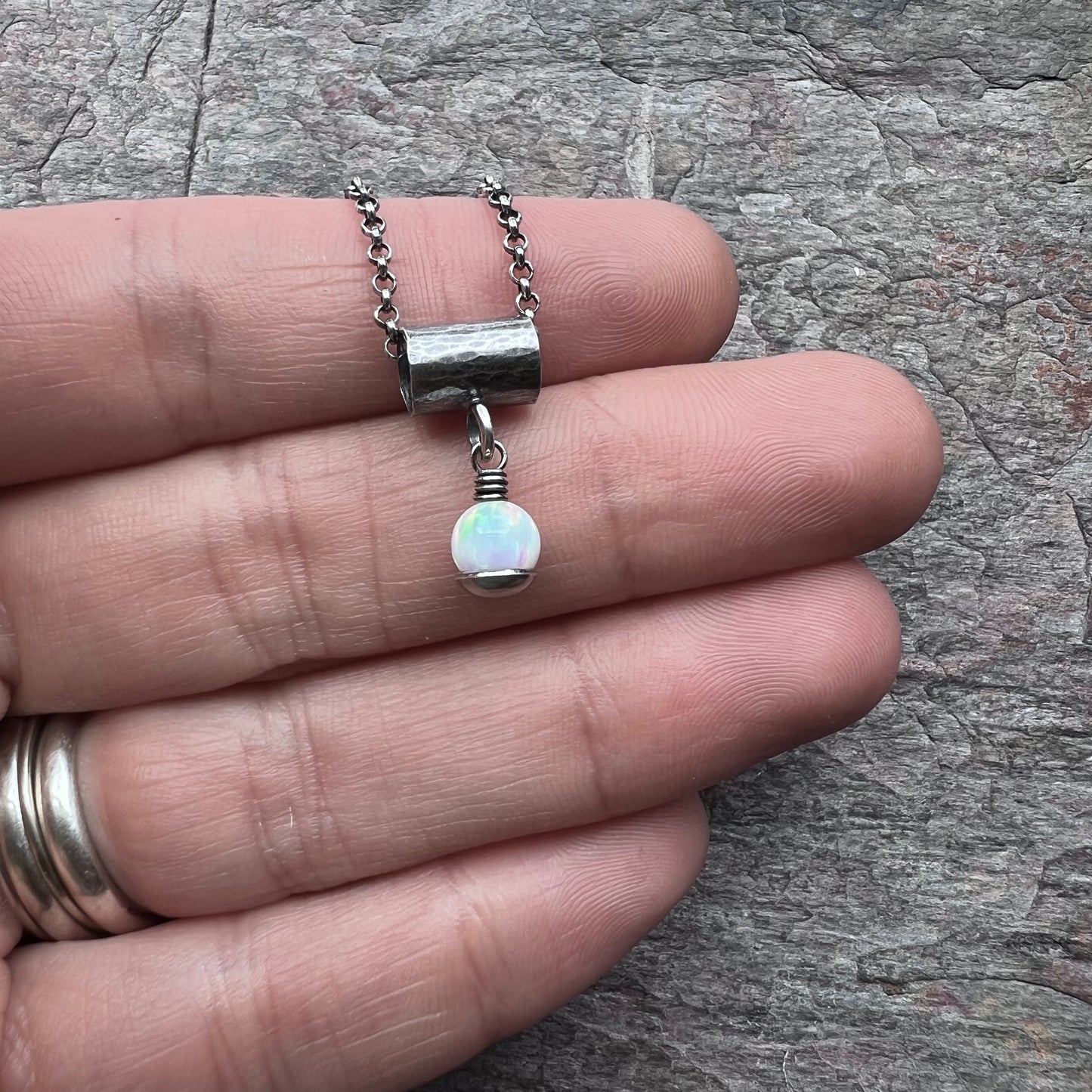 Sterling Silver and Simulated Opal Necklace - Simulated Opal Pendant on Sterling Silver Chain