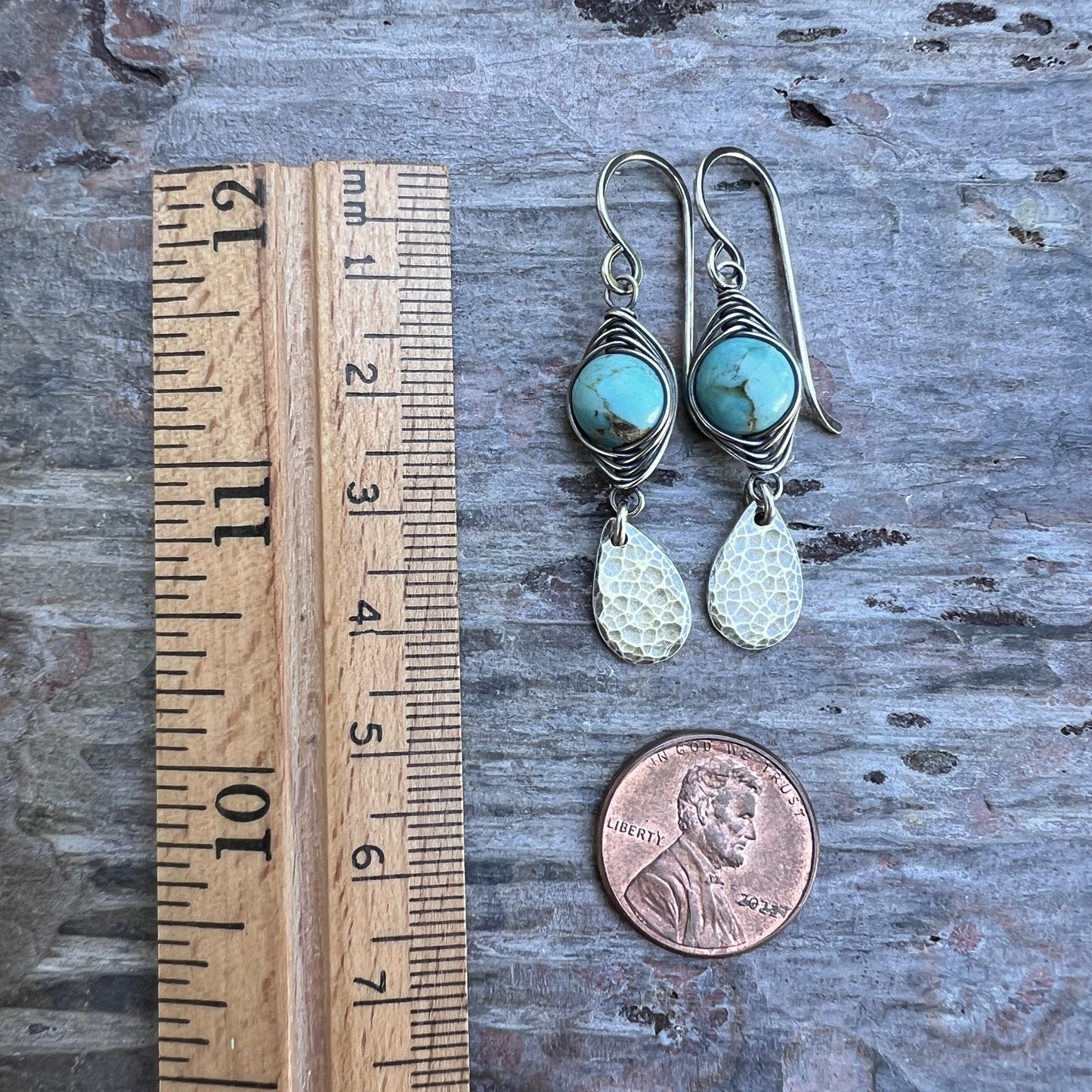 Genuine Turquoise Sterling Silver Earrings | Wire-wrapped Natural Stone and Hammered Teardrop Dangles