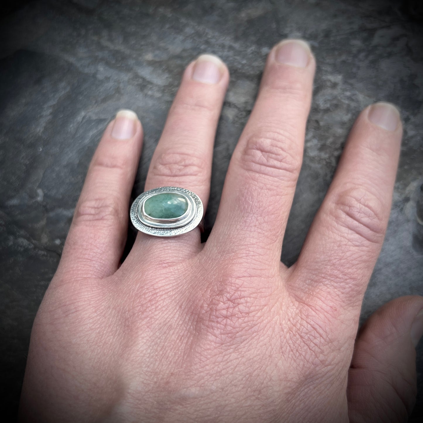 Sterling Silver Emerald Ring | Natural Stone Cabochon Ring - Size 7.25