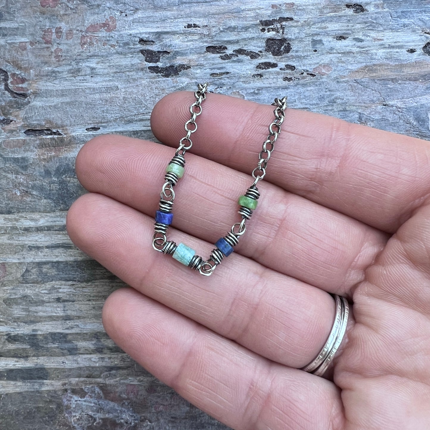 Sterling Silver Genuine Stone Bracelet | Amazonite, Lapis Lazuli, and Chrysoprase with Hammered Oval Links