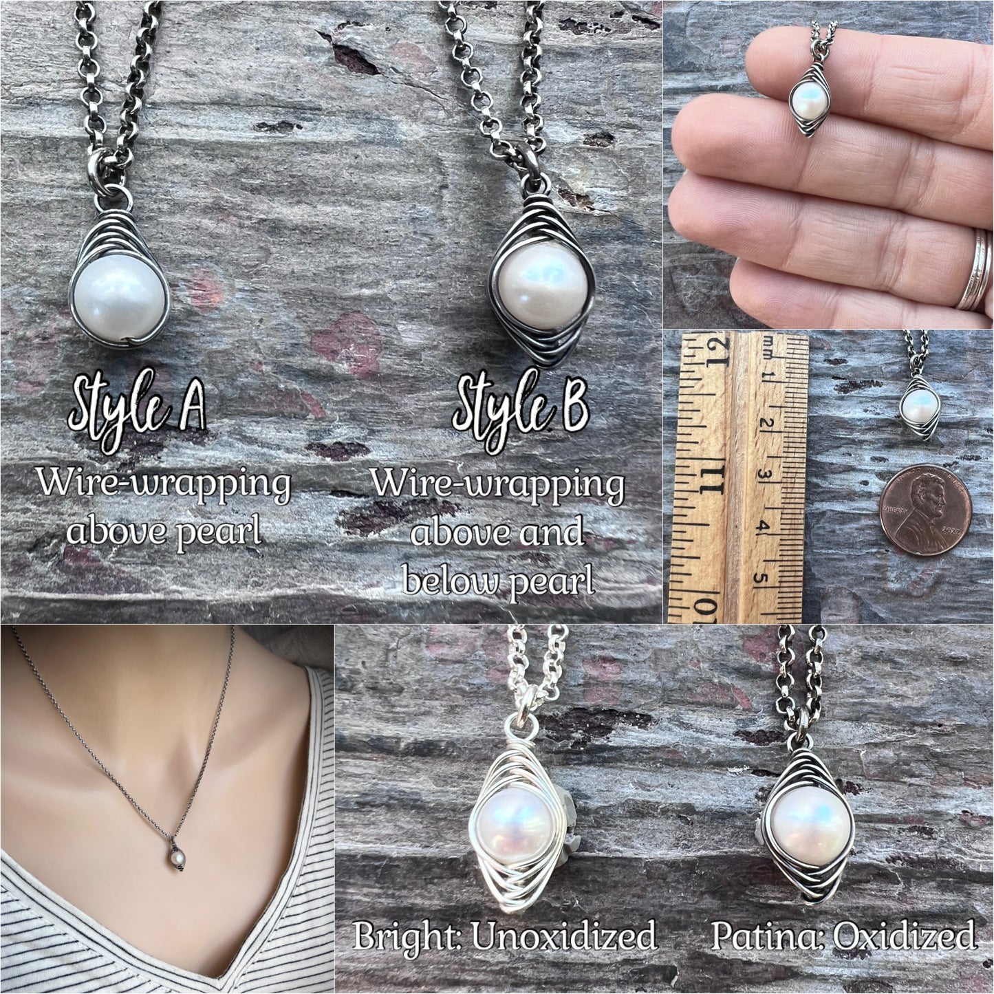 Sterling Silver Pearl Necklace | Genuine Freshwater Pearl Wire-Wrapped Pendant