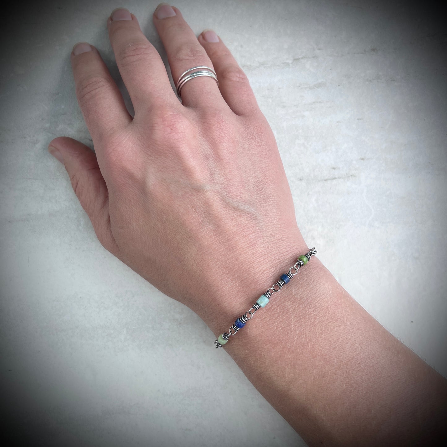 Sterling Silver Genuine Stone Bracelet | Amazonite, Lapis Lazuli, and Chrysoprase with Hammered Oval Links