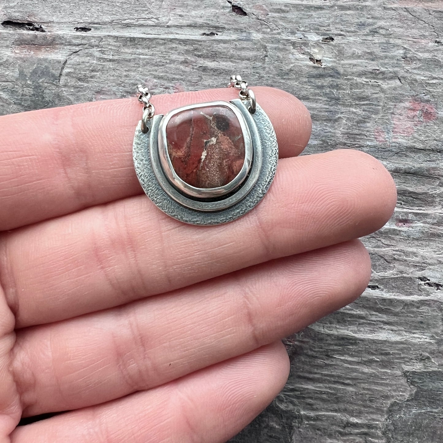 Sterling Silver Red Jasper Necklace | Natural Stone Semicircle Pendant