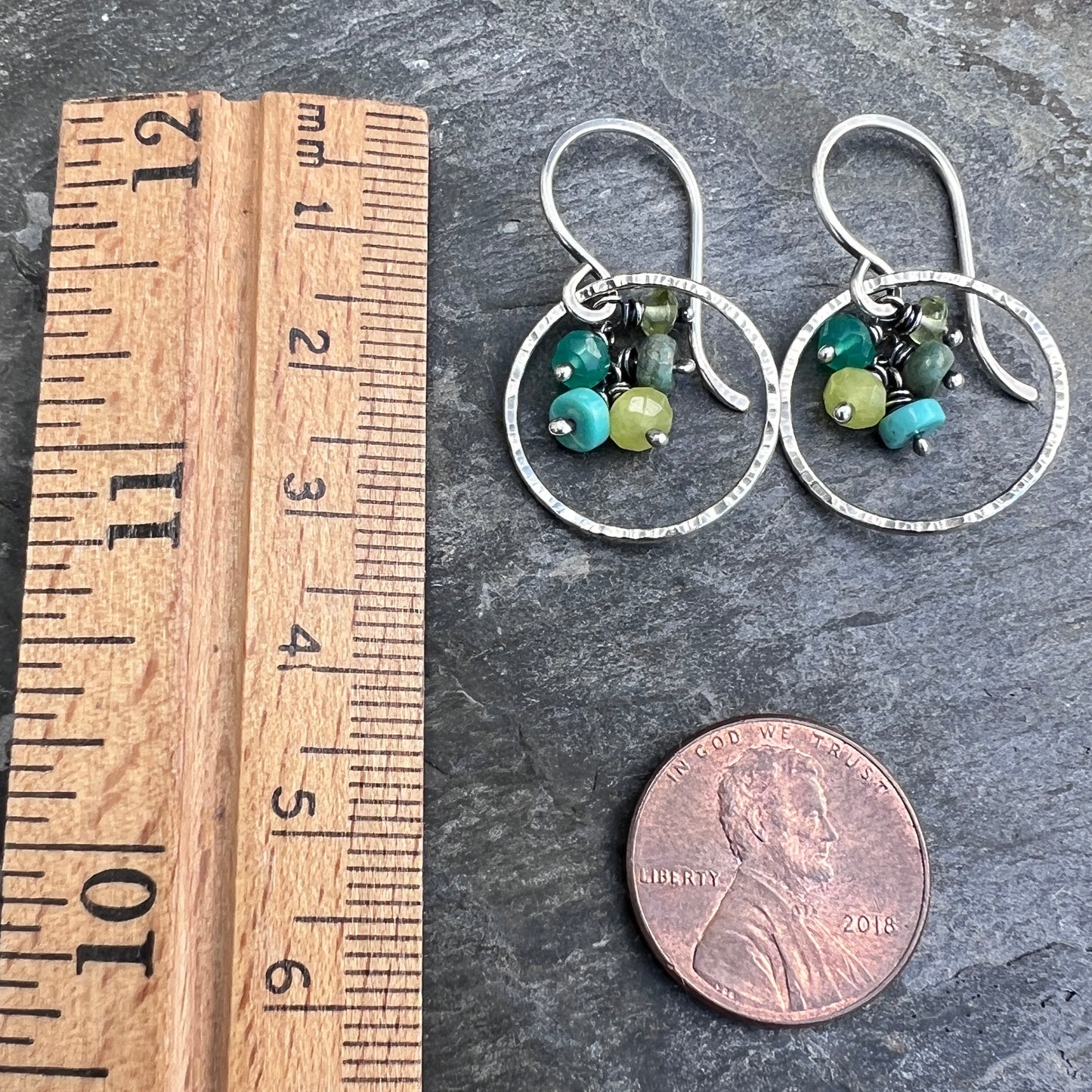 Sterling Silver Green Gemstone Earrings | Hammered Rings and Natural Stone Dangles