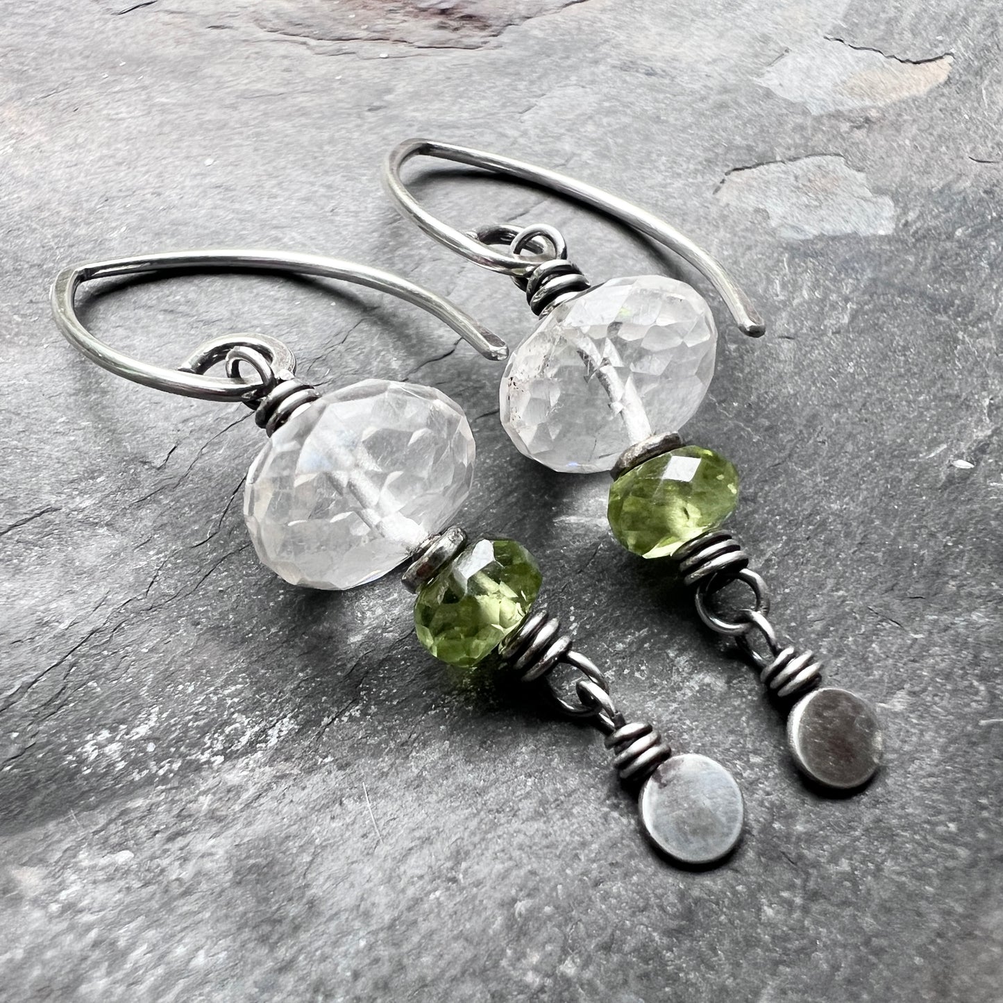 Sterling Silver Peridot and Crystal Quartz Earrings | Green and Clear Natural Stone Dangles