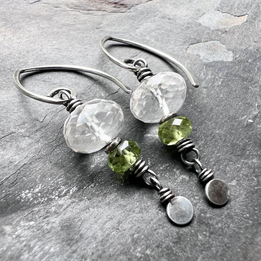 Sterling Silver Peridot and Crystal Quartz Earrings | Green and Clear Natural Stone Dangles