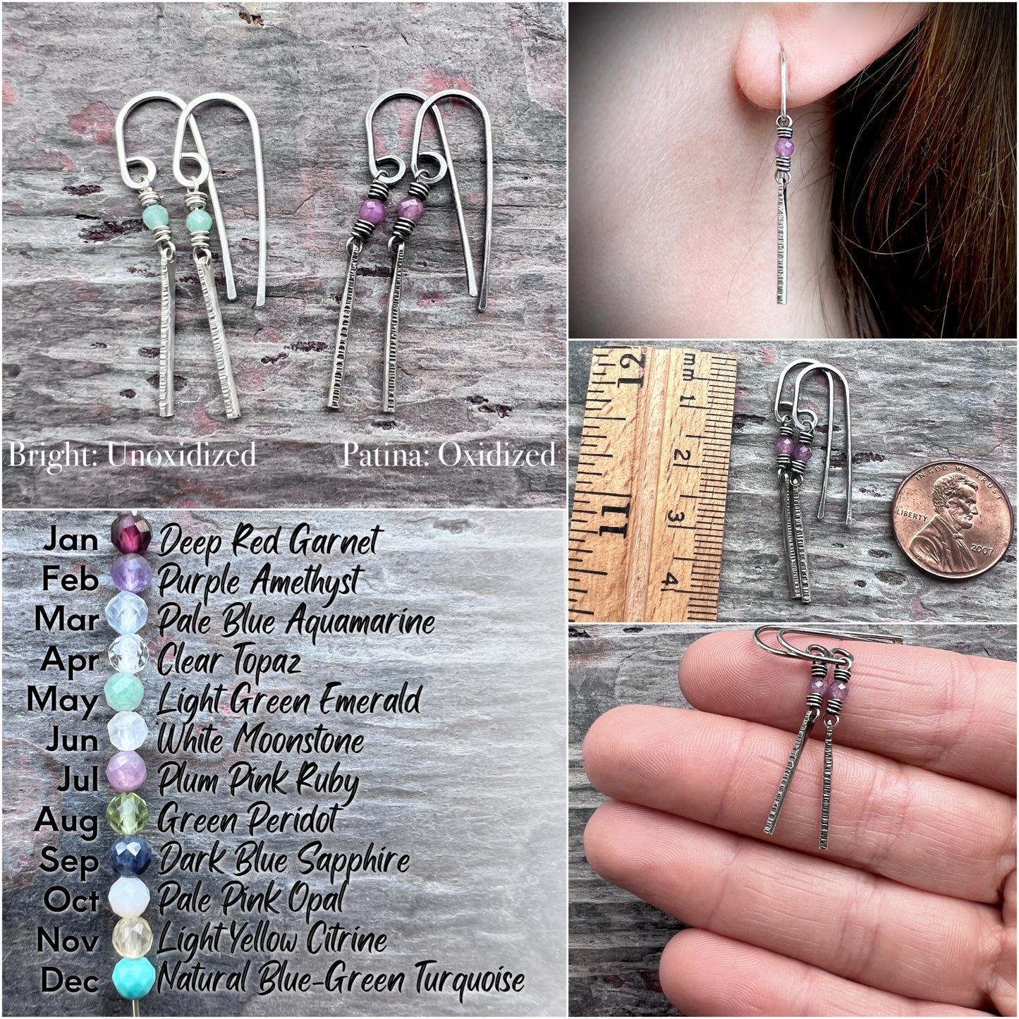 Customizable Sterling Silver Birthstone Earrings | Genuine Gemstone and Hammered Bar Dangle Earrings