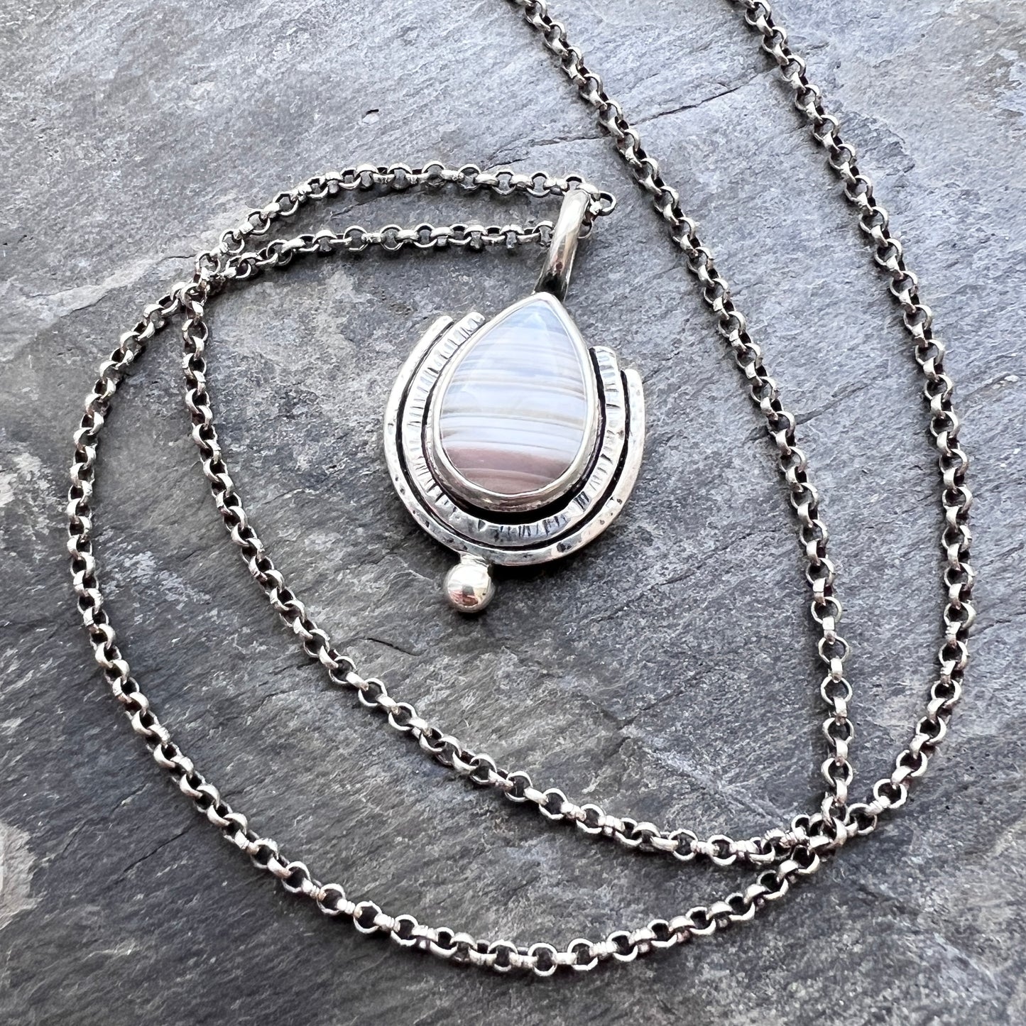 Sterling Silver Banded Agate Necklace | Natural Stone Teardrop Pendant