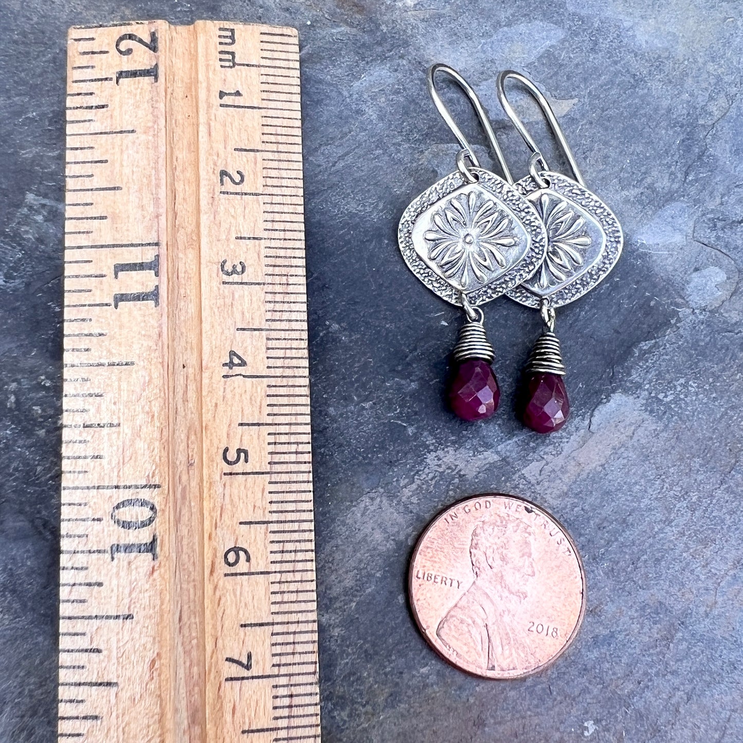Genuine Ruby Sterling Silver Earrings | Flower Medallion and Ruby Red Teardrop Dangles