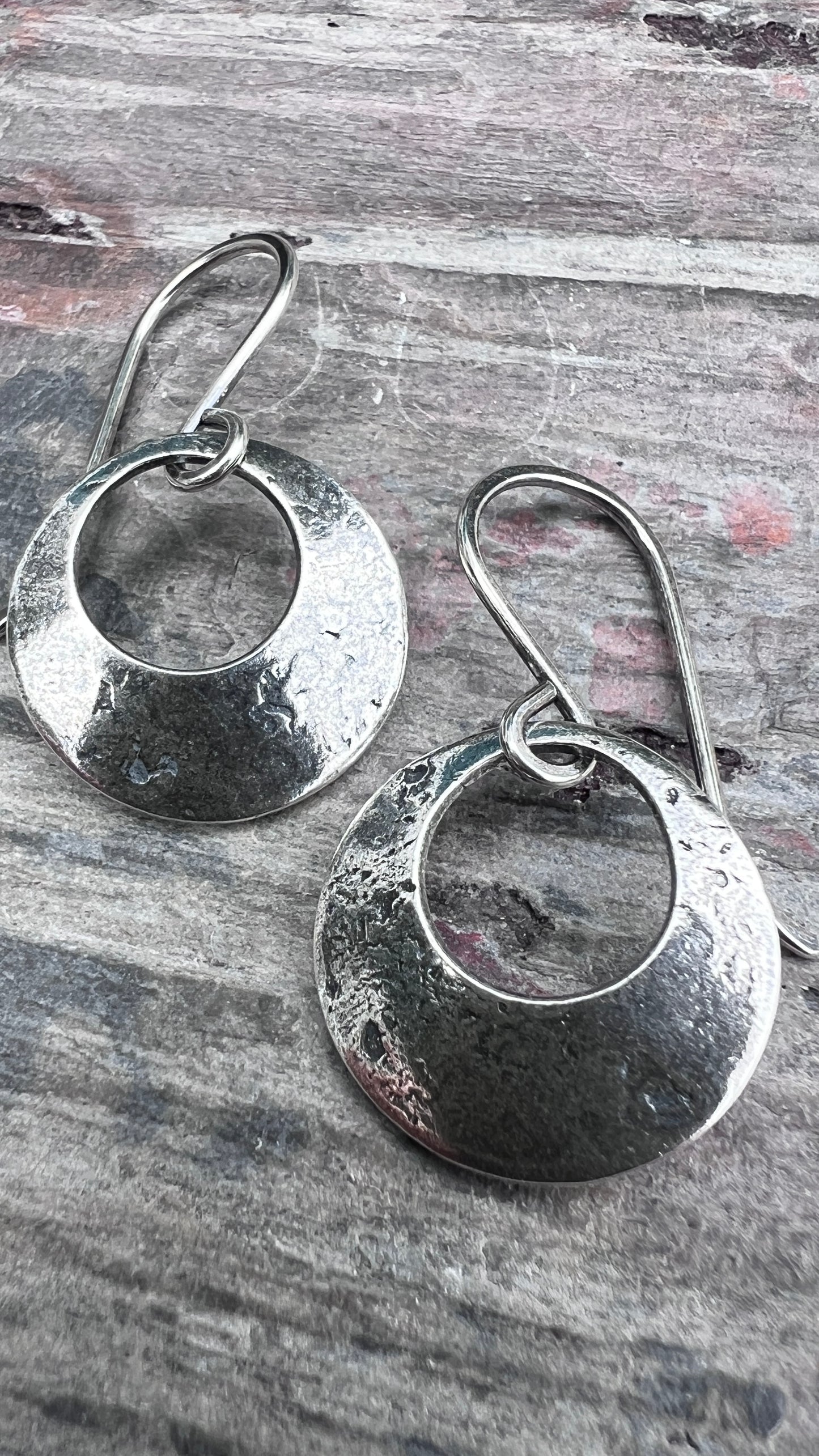 Sterling Silver Textured Circle Dangle Hoop Earrings