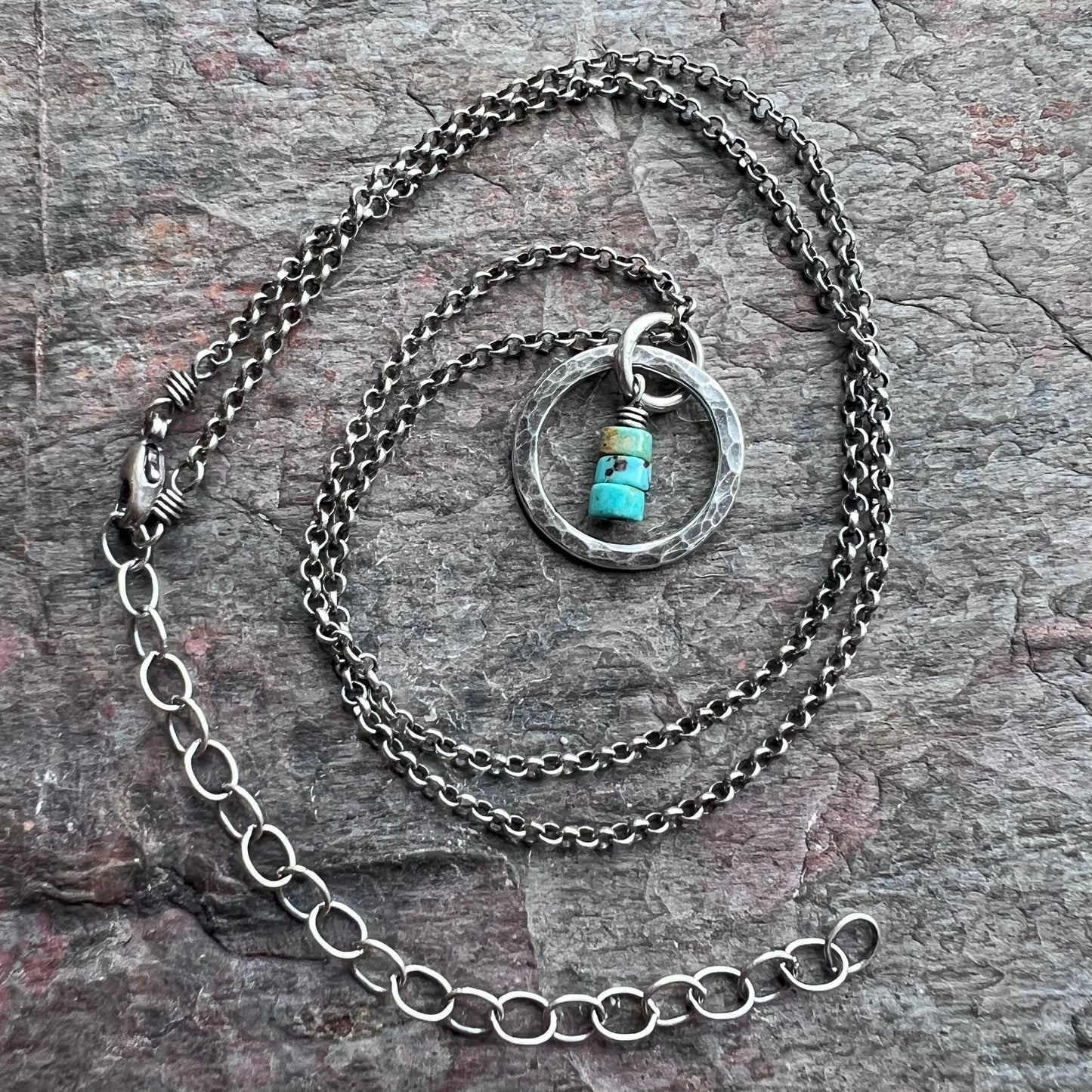 Turquoise Sterling Silver Necklace - Genuine Turquoise in Hammered Circle Pendant on Sterling Silver