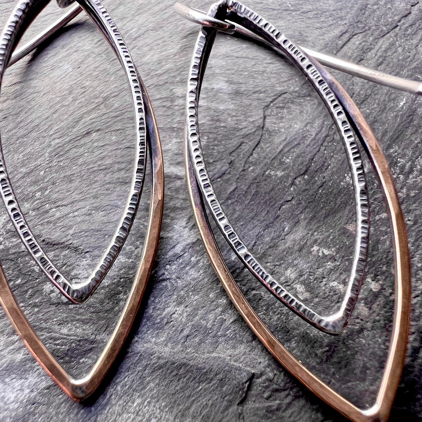 Sterling Silver and Brass Earrings | Mixed Metal Long Marquise Dangles