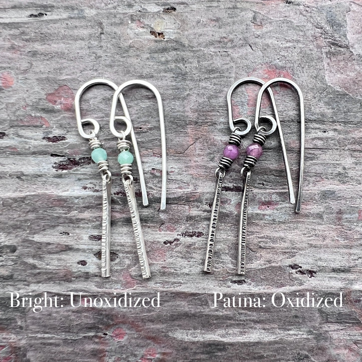 Customizable Sterling Silver Birthstone Earrings | Genuine Gemstone and Hammered Bar Dangle Earrings