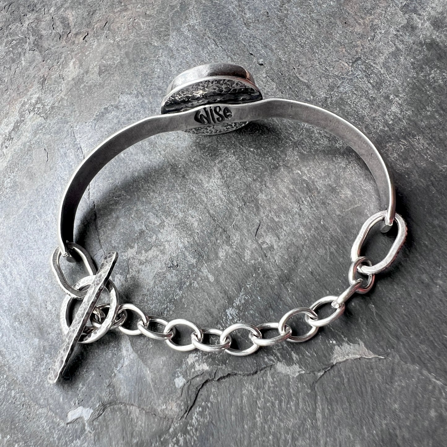 Sterling Silver Turquoise Bracelet | Genuine Natural Turquoise Hammered Cuff with Toggle Clasp