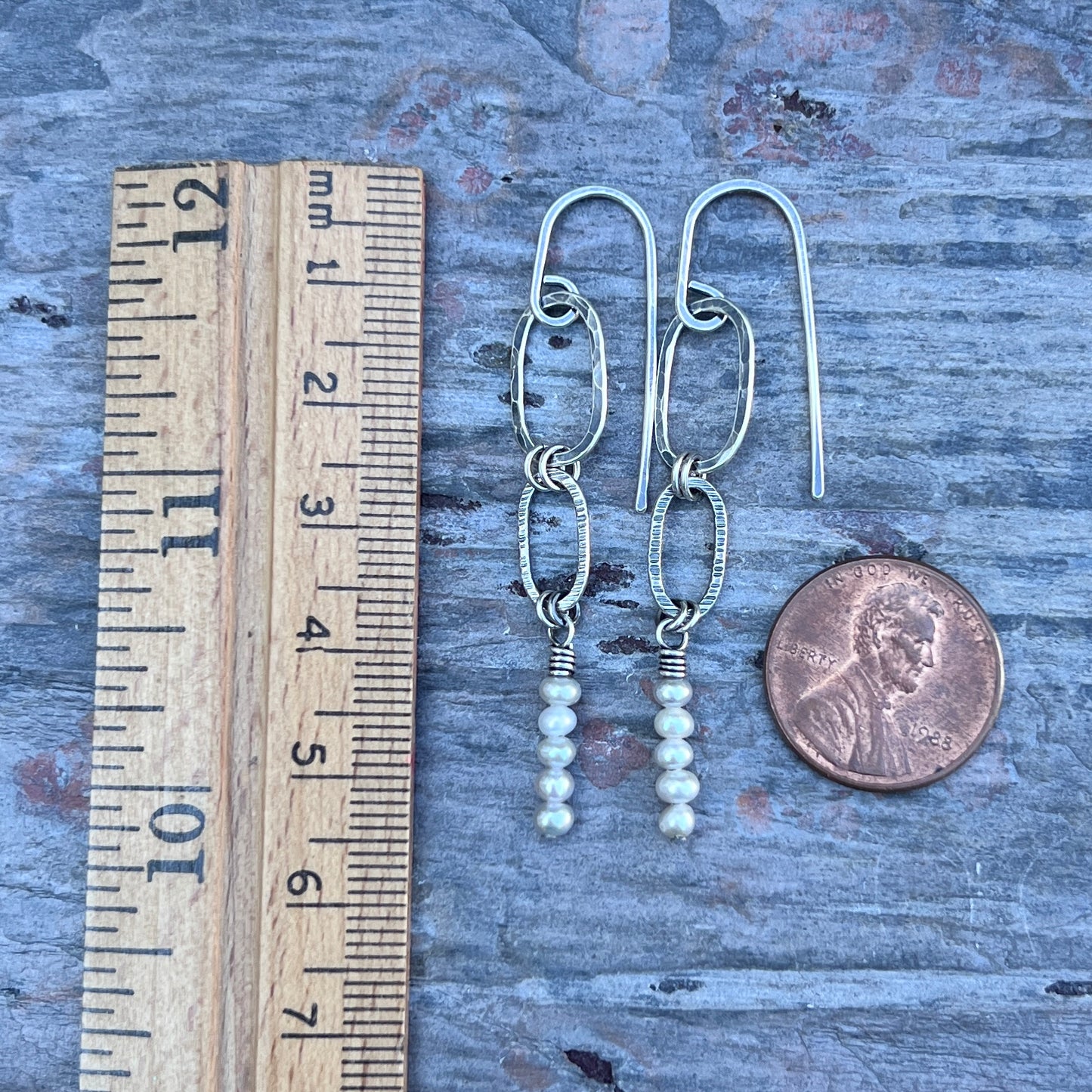 Sterling Silver Pearl Earrings | Hammered Silver Links and Genuine Pearl Long Dangle Earrings