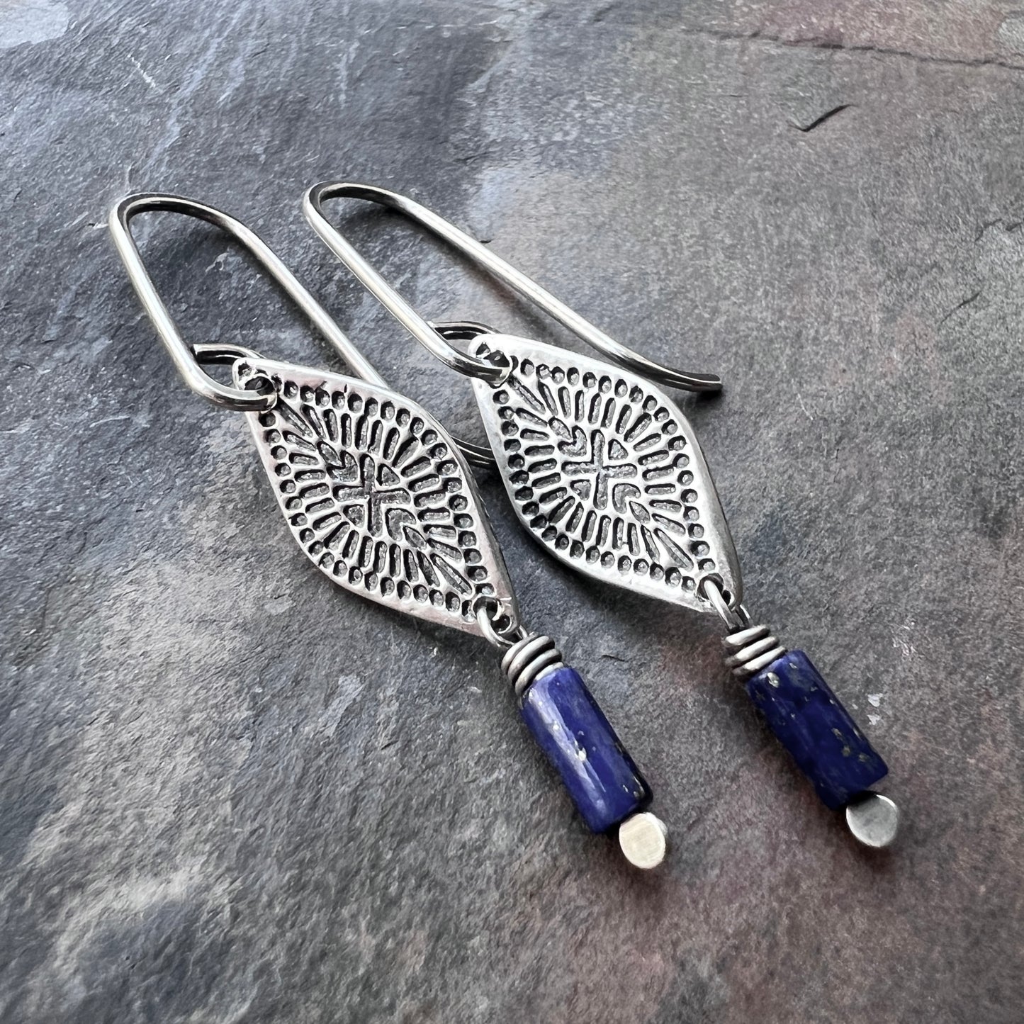 Sterling Silver Lapis Lazuli Earrings | Blue Natural Stone Stamped Silver Dangles