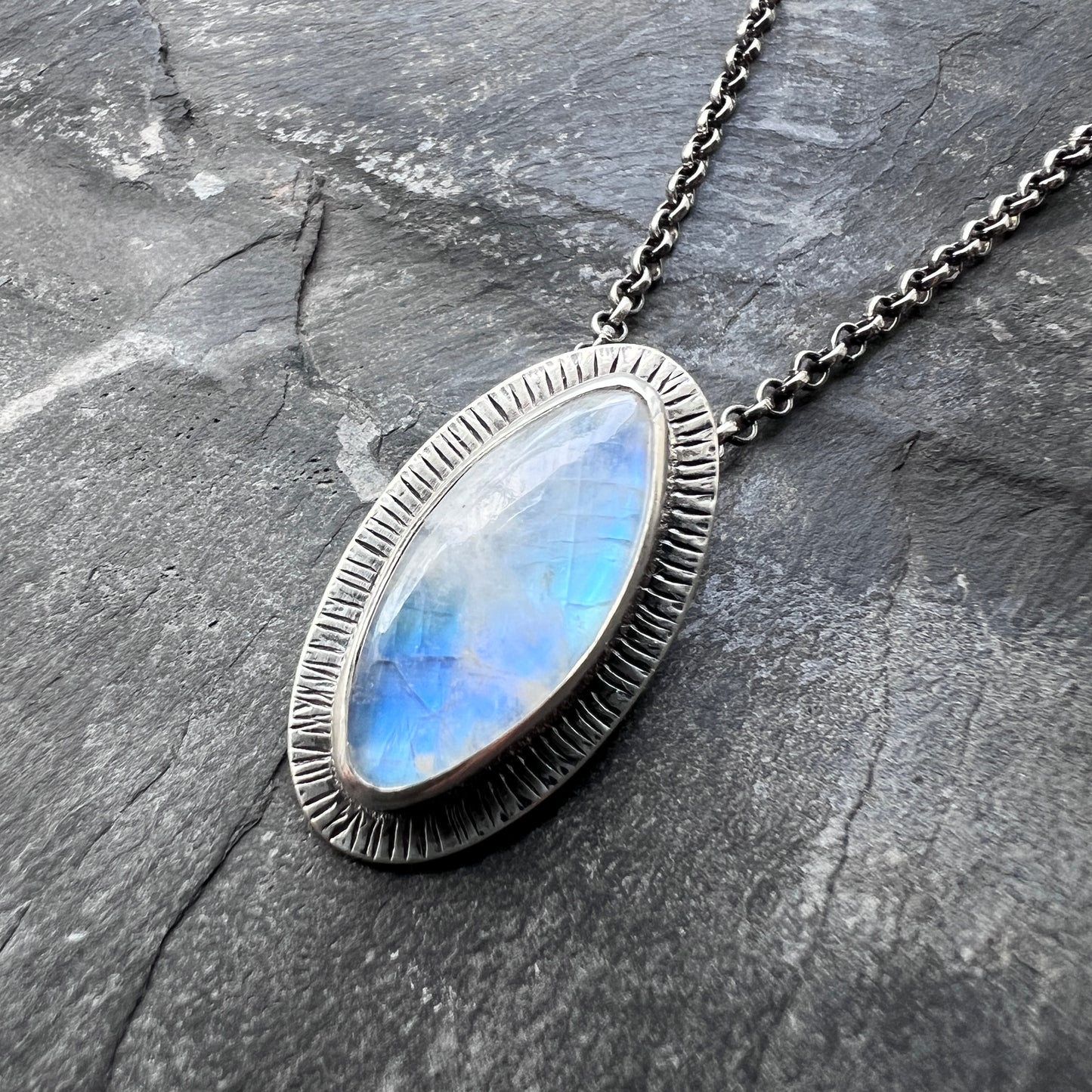 Sterling Silver Rainbow Moonstone Necklace | One-of-a-Kind Natural Stone Marquise Pendant