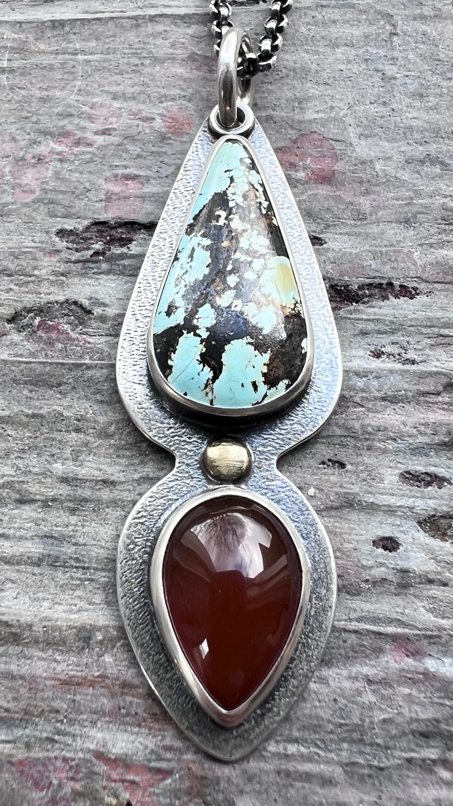 Genuine Turquoise and Carnelian Sterling Silver Necklace | One-of-a-kind Teardrop Pendant (#3)