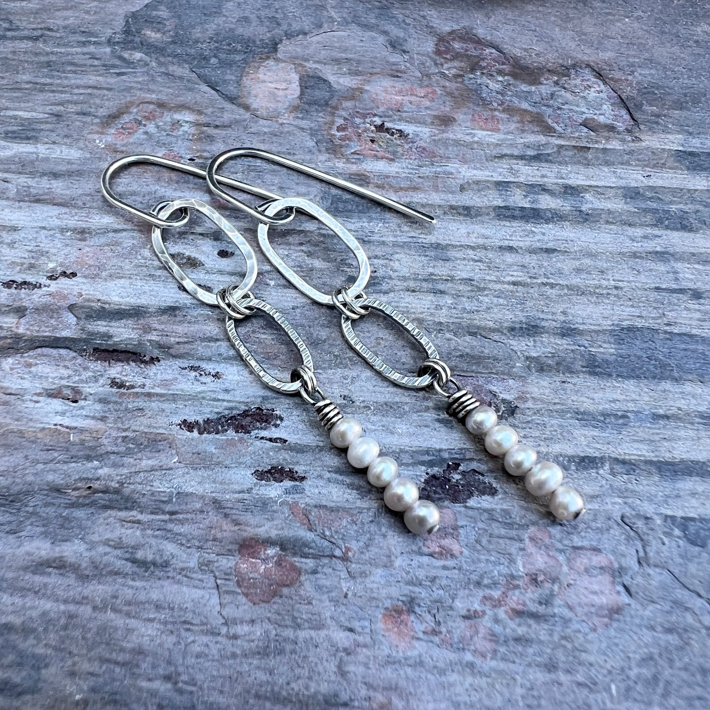 Sterling Silver Pearl Earrings | Hammered Silver Links and Genuine Pearl Long Dangle Earrings