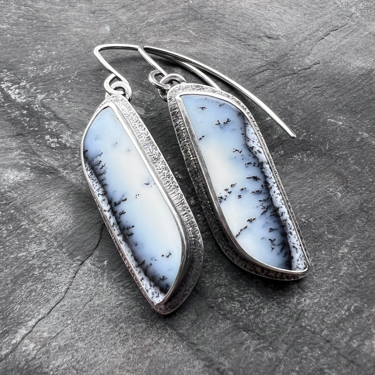 Dendritic Opal Sterling Silver Earrings | Black & White Natural Stone Dangle Earrings